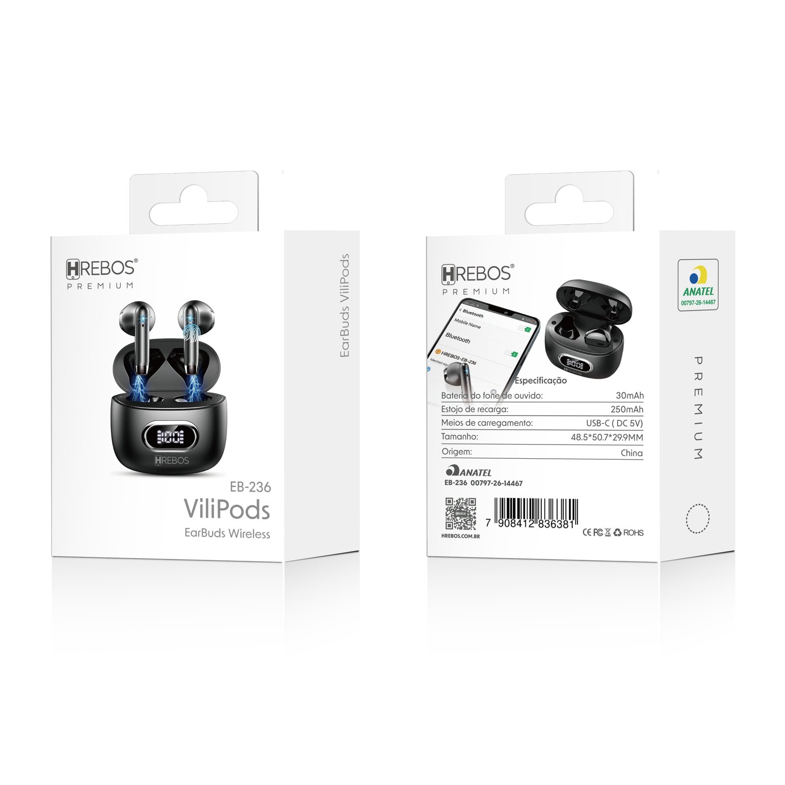 Fone Hrebos Eb-236 Vilipods Bluetooth Tws Display Preto
