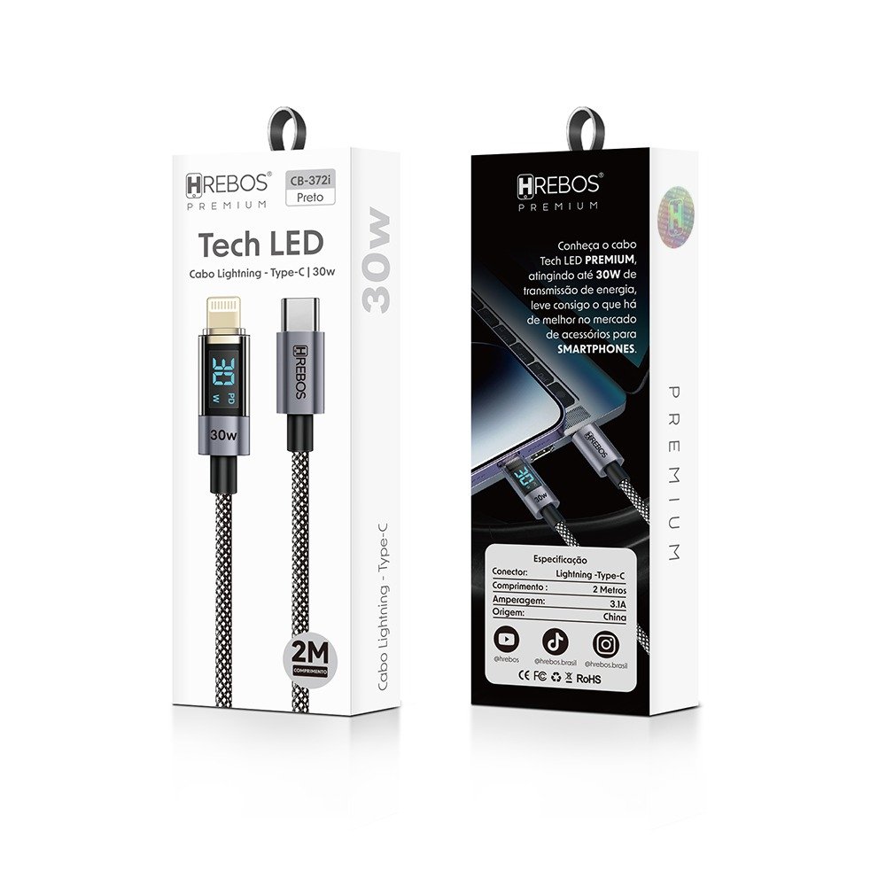 Cabo Hrebos Cb-372i Tech Led 100w Usb-c/lgtng Visor 2m Preto