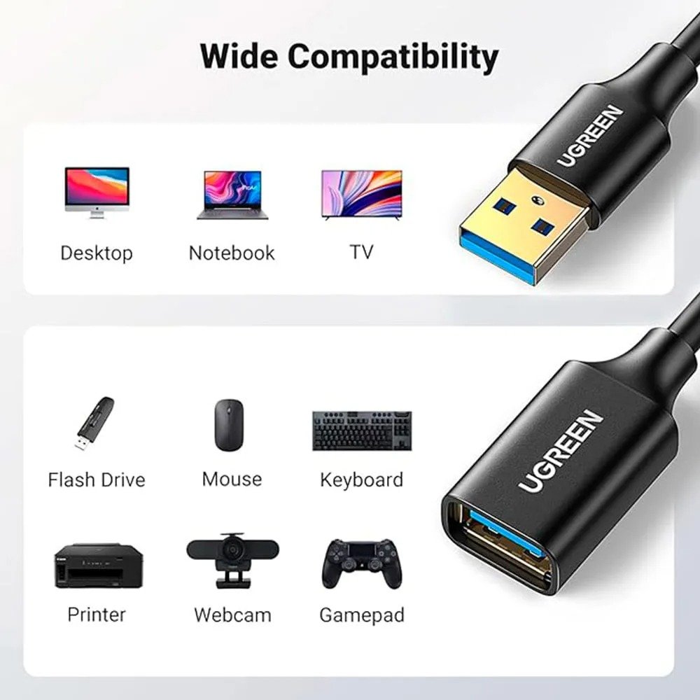 Cabo Extensor Usb 3.0 Ugreen Us129 1m 5gbps Usb-a Preto Preto