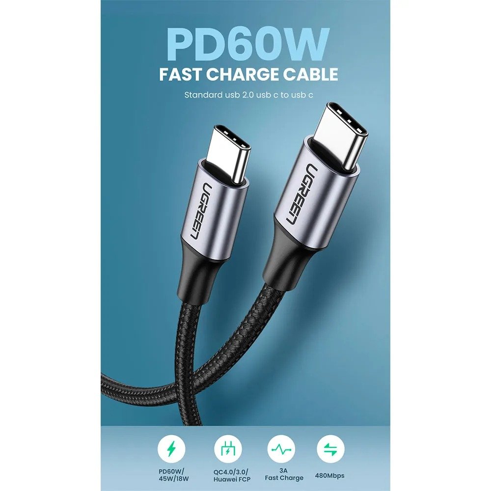 Cabo Ugreen Us261 Usb-c 1mt Preto Fast Charge 60w