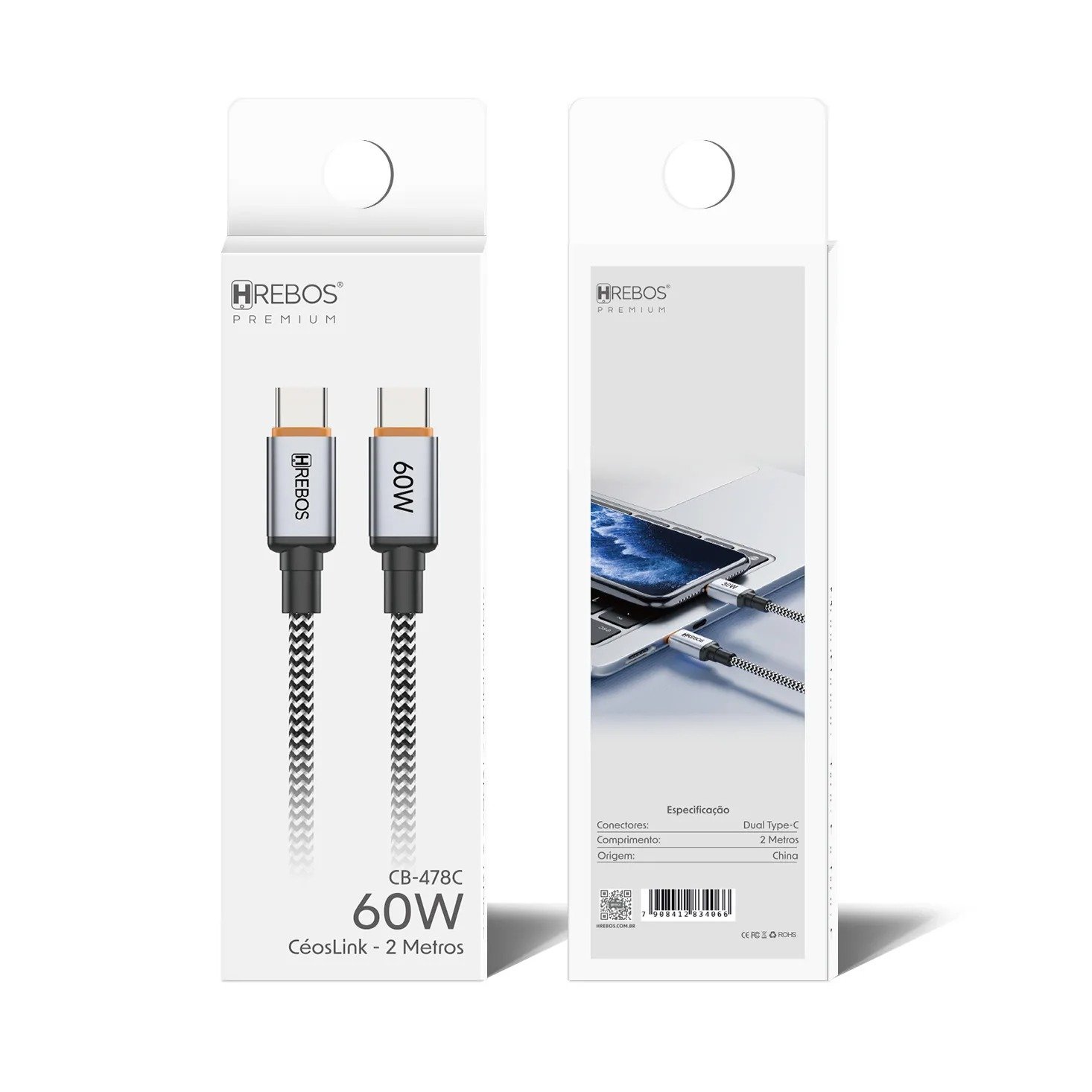Cabo Usb-c 60w 2m Hrebos Ceoslink Cb-478c Nylon Cinza