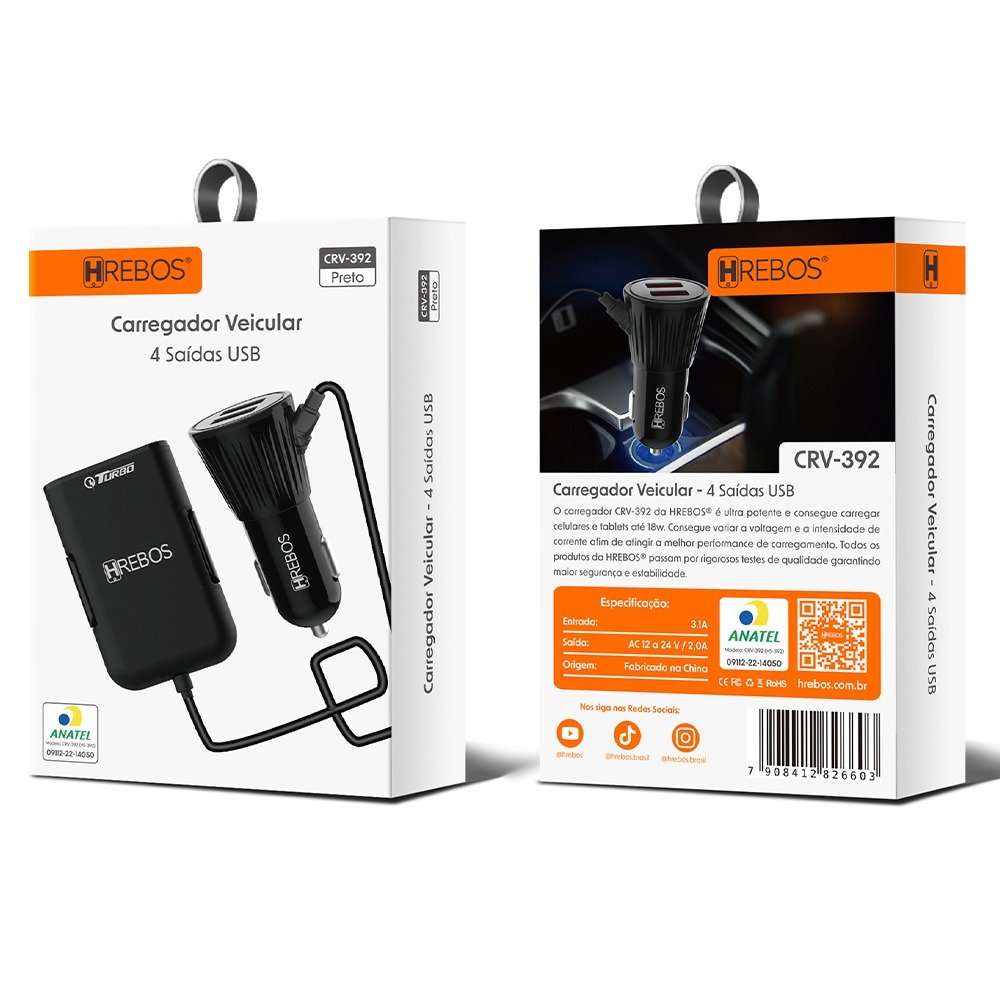 Carregador Veicular Hrebos Crv-392 18w 4usb Turbo Preto