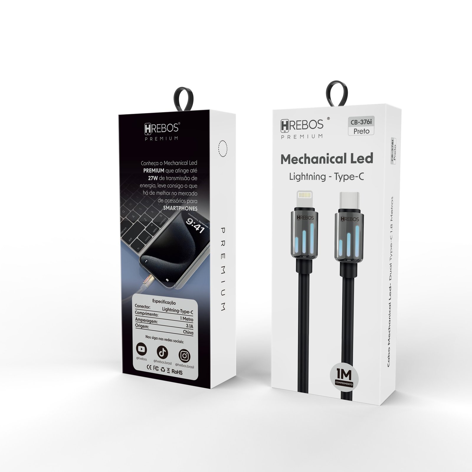 Cabo Hrebos Cb-376i Mechanical Led 60w Usb-c/lgtng 1m Preto