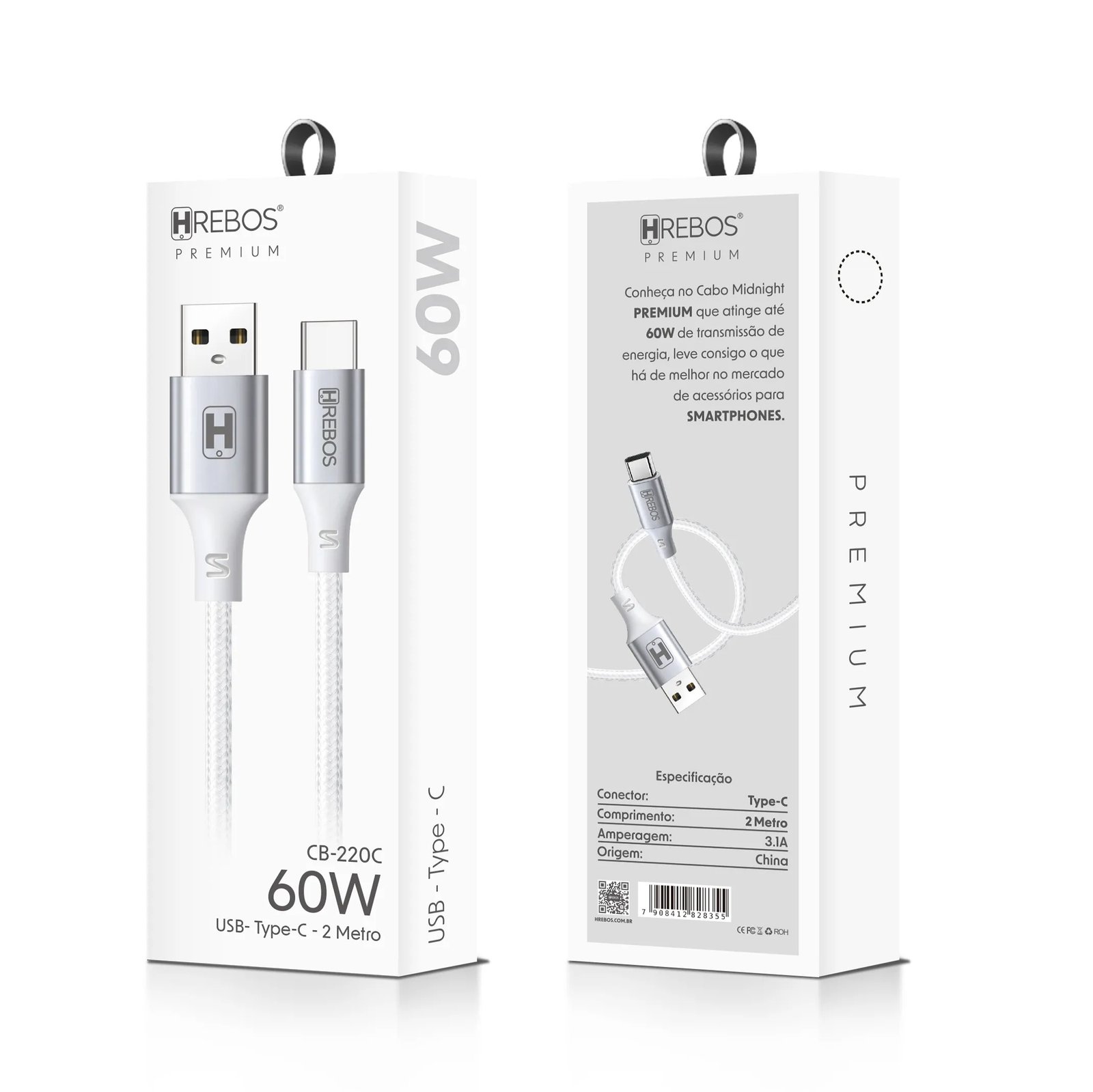 Cabo Hrebos Cb-220c Midnight 60w Usb-a/usb-c 2m Branco Branco