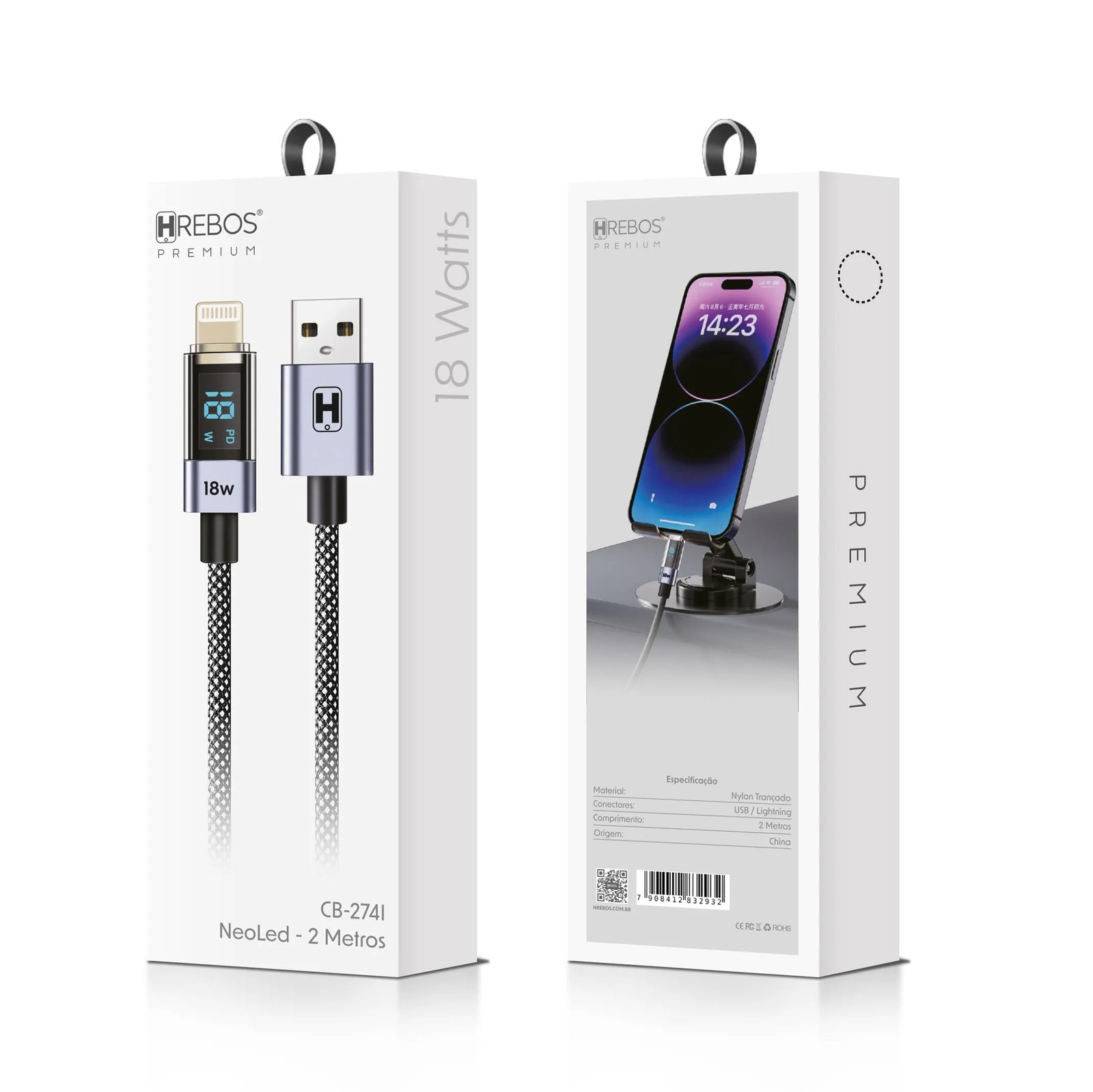 Cabo Hrebos Cb-274i Neoled 18w Usb-a/lgtng Display 2m Preto