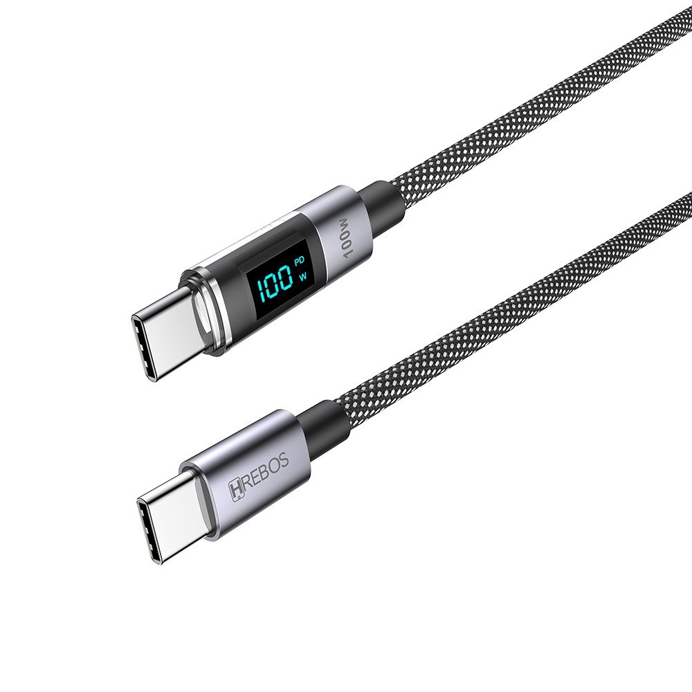 Cabo Smartphone Hrebos Cb-372c Tech Led 100w Usb-c Visor 2m Preto