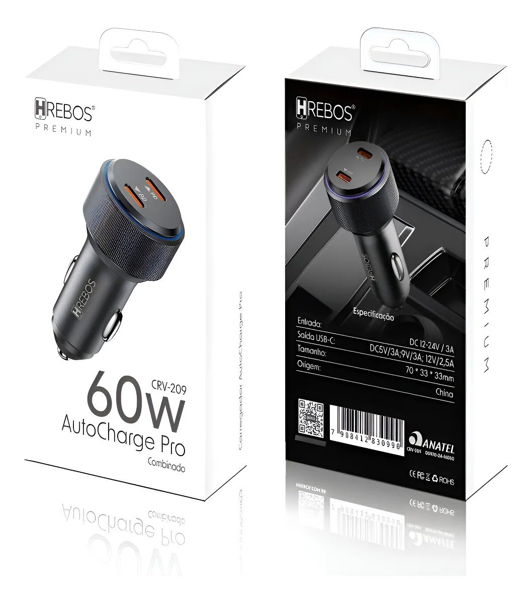 Carregador Veicular Hrebos Crv-209 Charge Pro 60w Dual Usb-c