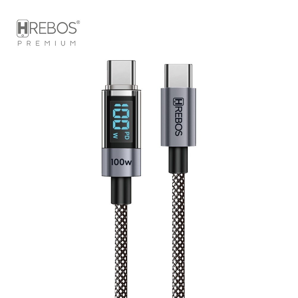 Cabo Smartphone Hrebos Cb-372c Tech Led 100w Usb-c Visor 2m Preto