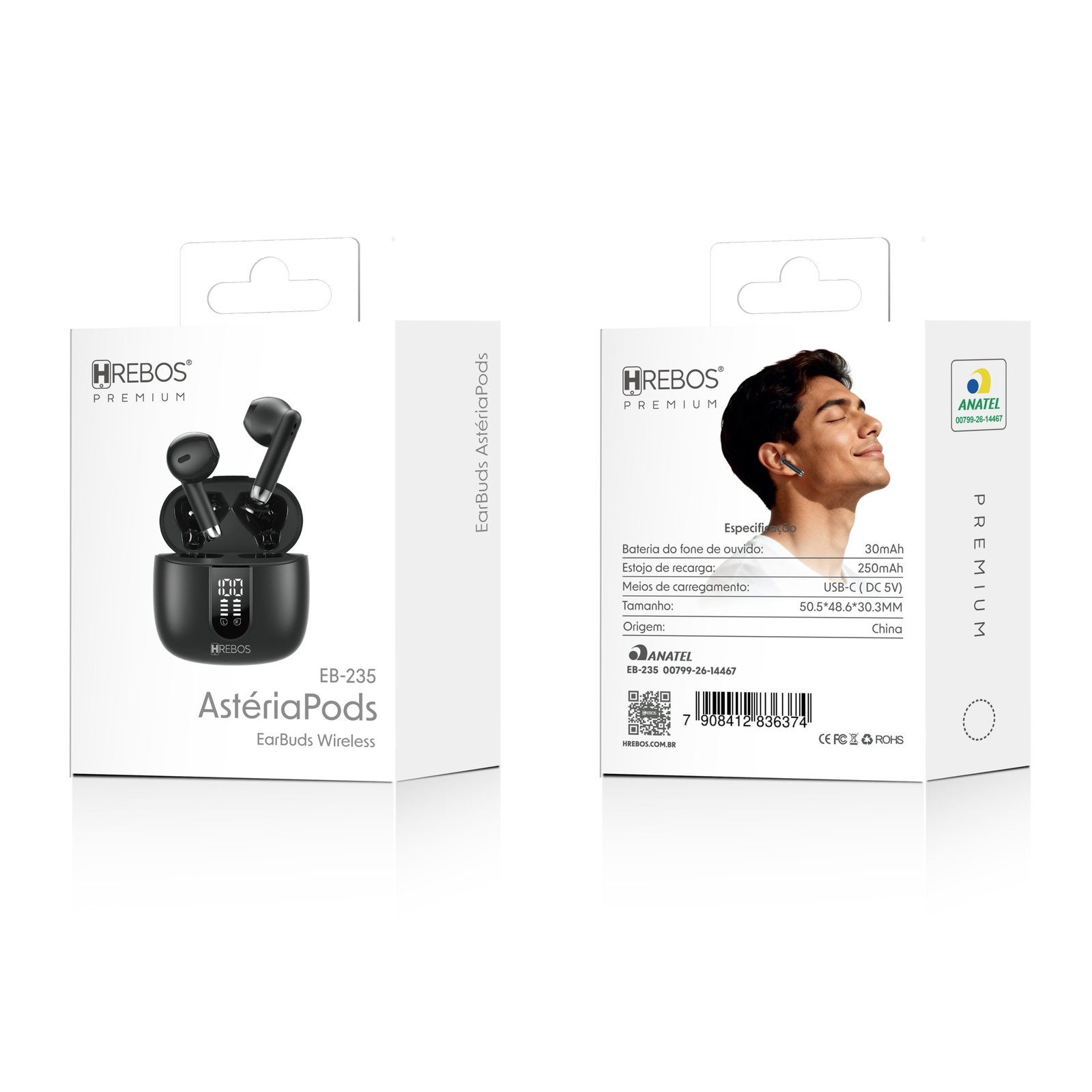 Fone Hrebos Eb-235 Asteriapods Bluetooth Tws Display Preto