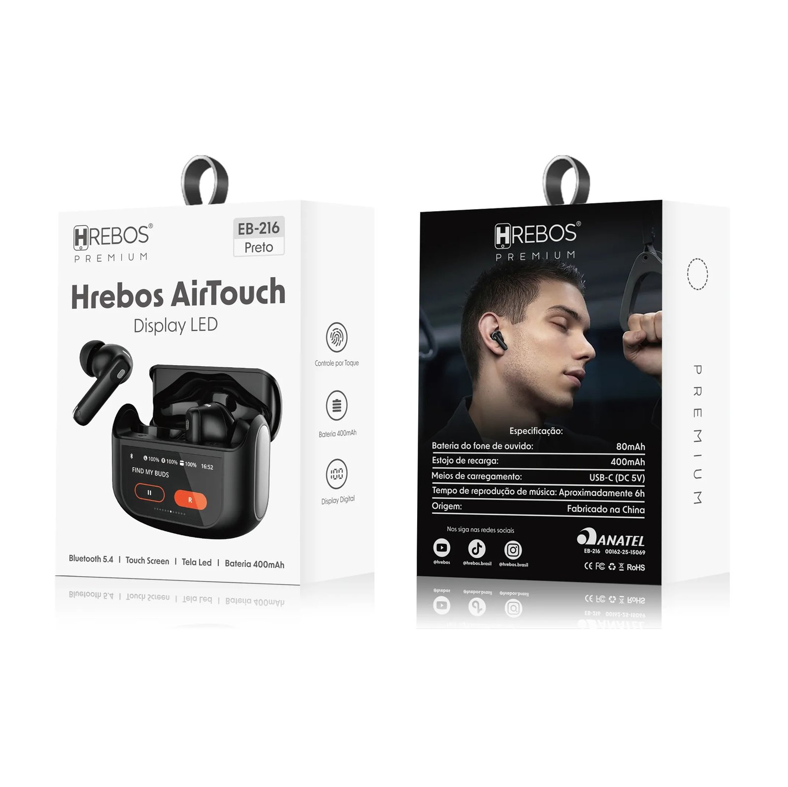 Fone Sem Fio Hrebos Eb-216 Airtouch Bluetooth 5.4 Display