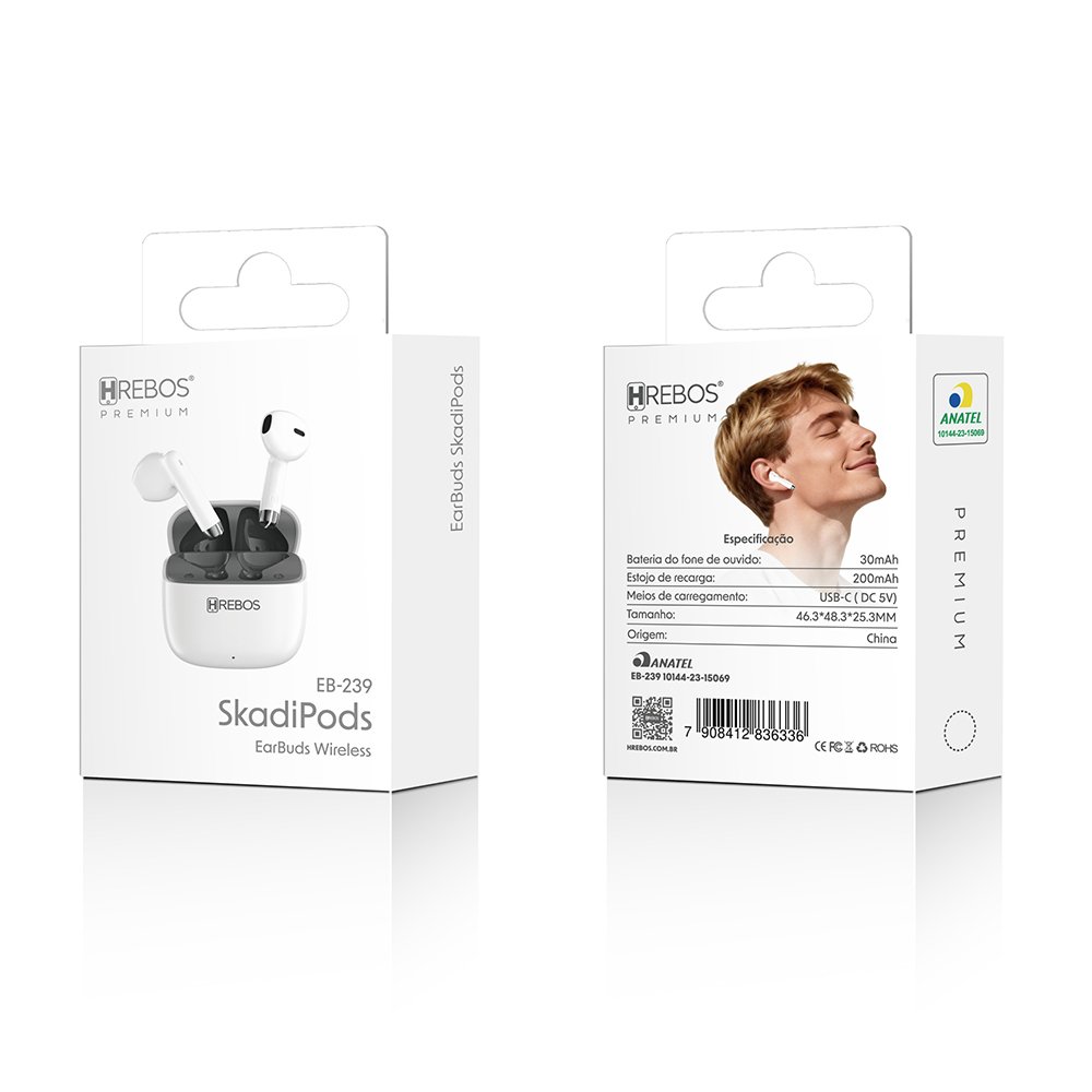 Fone Sem Fio Hrebos Eb-239 Skadipods Bluetooth Tws Branco Branco