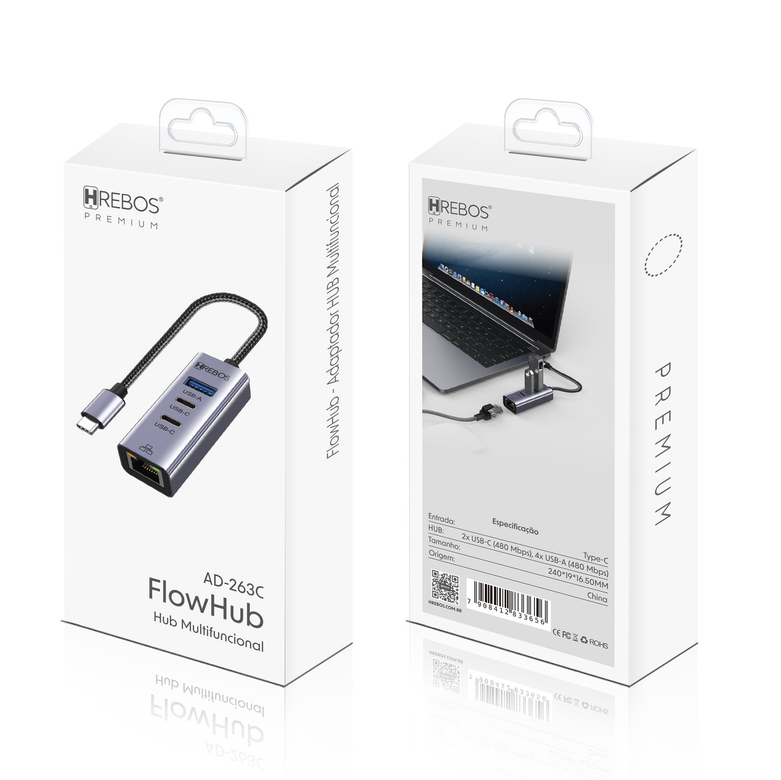 Hub Multifuncional Hrebos Flowhub Ad-263c Usb Ethernet Rj45 Cinza