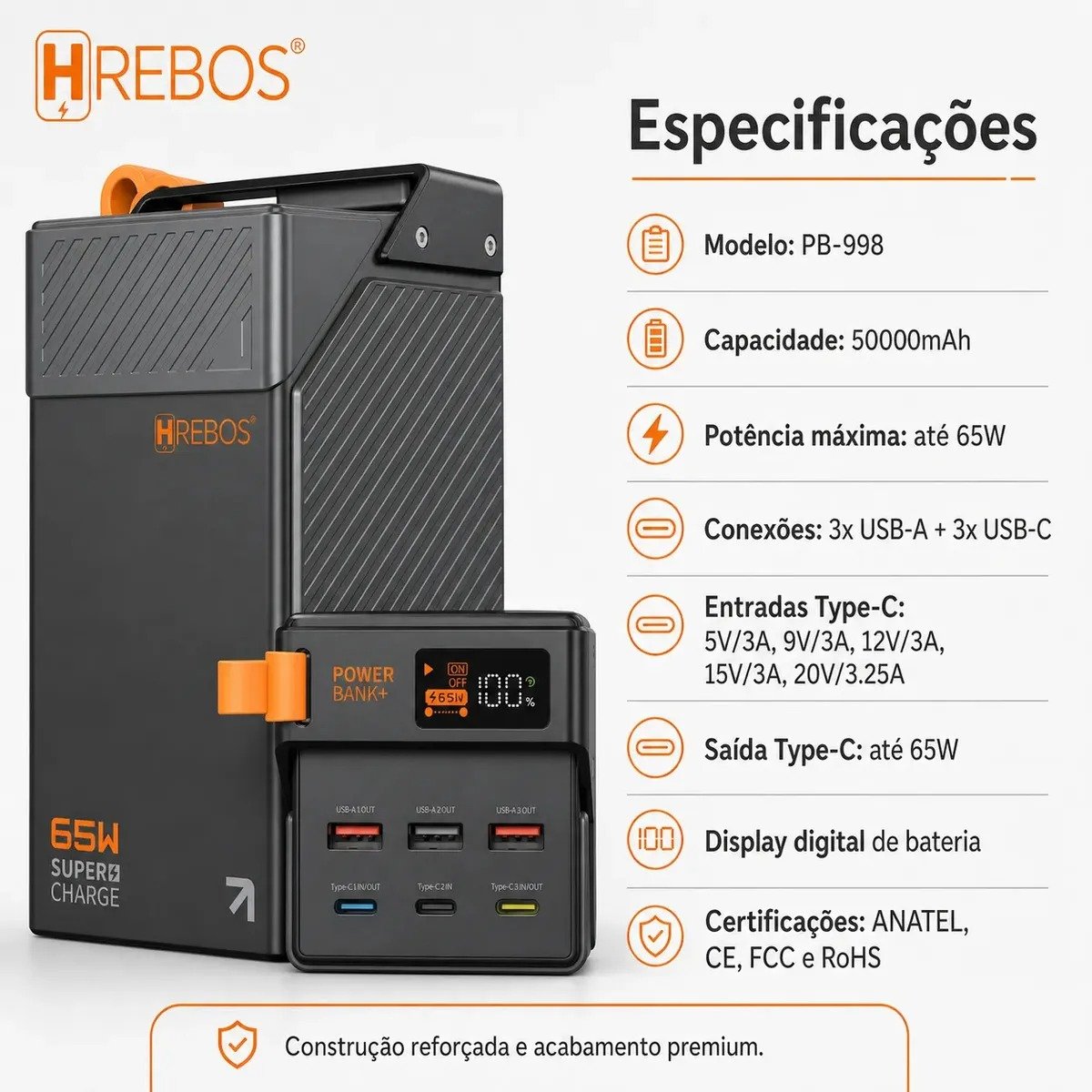 Power Bank Hrebos Pb-998 Forza 50000mah 65w Display Preto